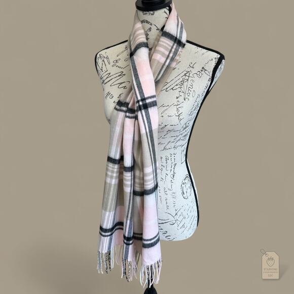 Soft Pink Gray Plaid Fringe Scarf Wrap | Softer Than Cashmere | Unisex Winter - Picture 3 of 7
